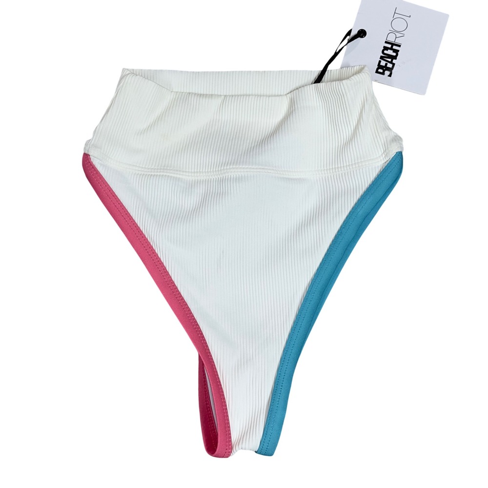 Beach Riot Bikini Bottom Womens XS White Colorblock Ribbed High Waisted Cheeky
